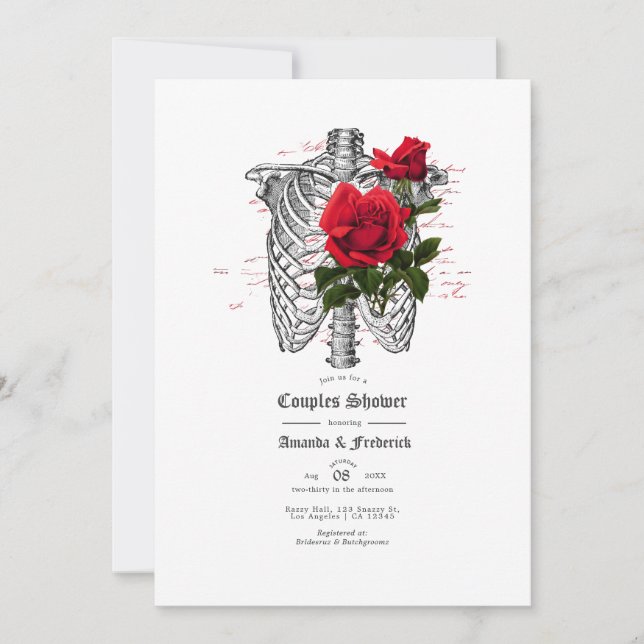 Invitation Douche de couple gothique crâne floral rouge et no (Devant)