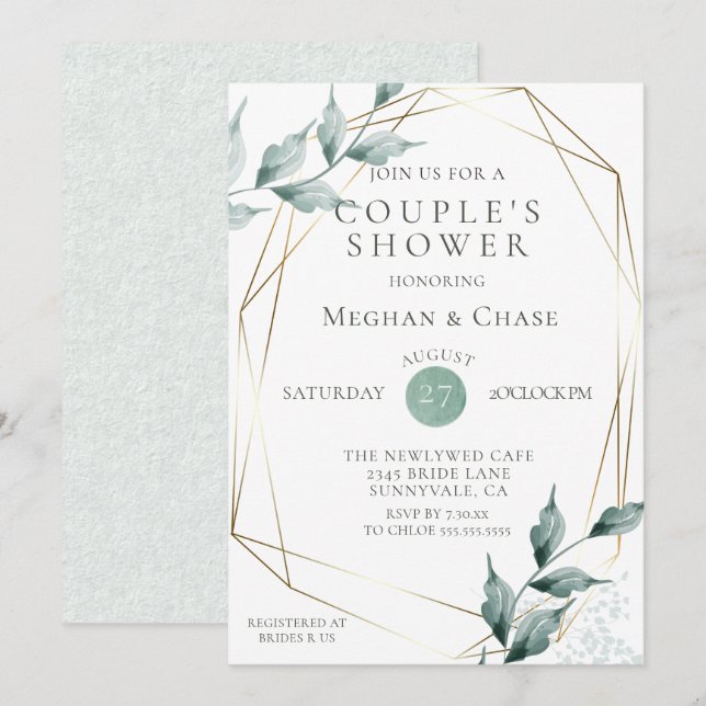 Invitation Douche de couple | Grayed Jade Green Botanical (Devant / Derrière)