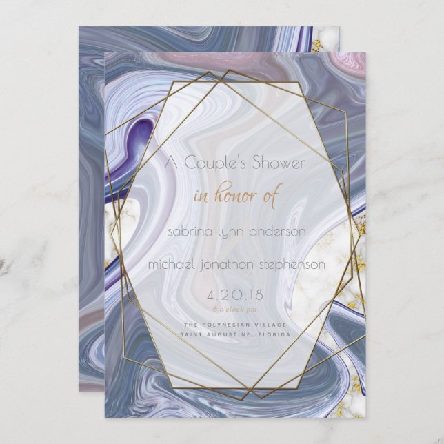 Invitation Douche de couple Marbleisé violet Rose Agate (Devant / Derrière)