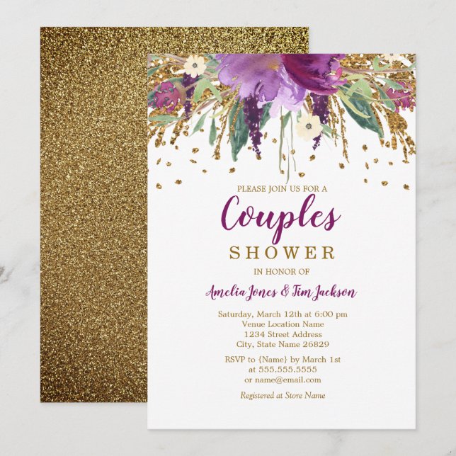 Invitation Douche de couple pailleté à fleurs violettes scint (Devant / Derrière)
