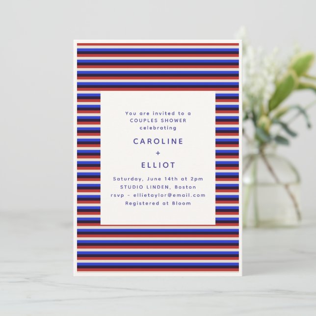 Invitation Douche de couple rayure rouge blanc bleu rétro (Debout devant)