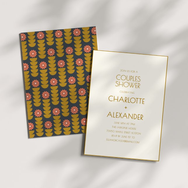 Invitation Douche de Couple Rétro Floral Navy Moutarde (Créateur téléchargé)