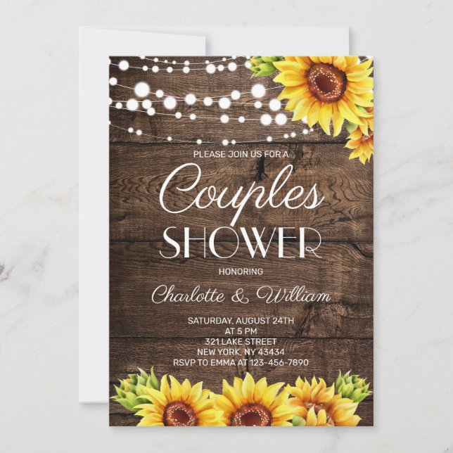 Invitation Douche de couple tournesol en bois rustique (Devant)