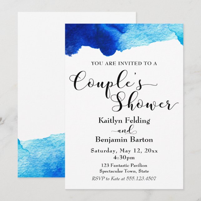 Invitation Douche de Couple Typographie Noire Aquarelle Bleue (Devant / Derrière)