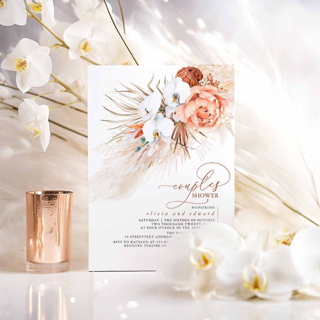 Invitation Douche de couples à l'herbe de Pampas florale en t (Boho Exotic Couples Shower Terracotta Invites)