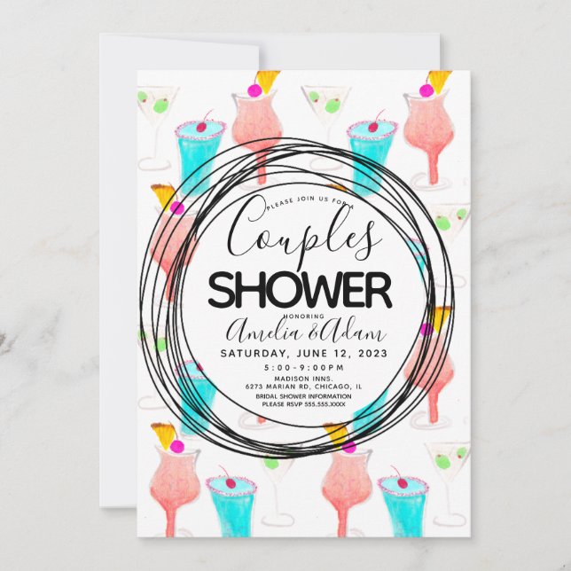 Invitation Douche de couples avec motif de cocktail aquarelle (Devant)