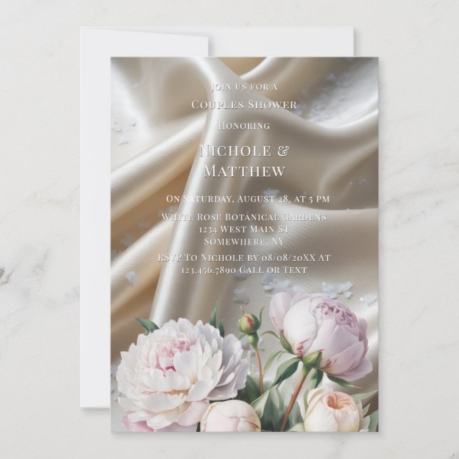 Invitation Douche de couples de satin blanc avec roses et piv (Devant)