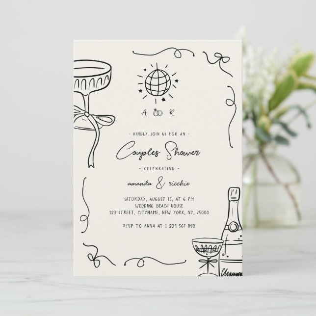Invitation Douche de couples dessinés à la main avec fantaisi (Debout devant)