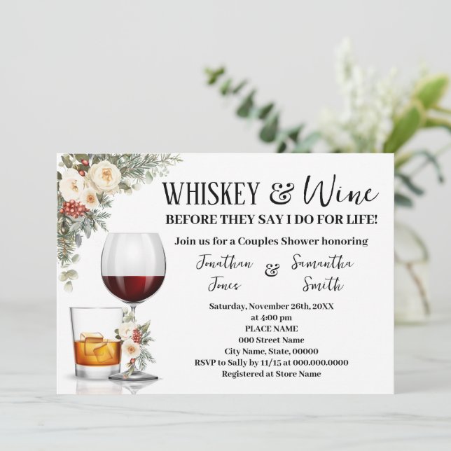 Invitation Douche de couples whisky et vin floraux blancs d'h (Debout devant)