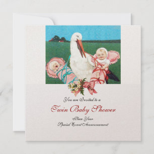 Invitation DOUCHE DE FILLE STORK TWIN BABY, champagne métalli