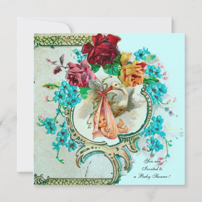 INVITATION DOUCHE DE FILLES BÉBÉ, ROSES ROSES ROSES ROSES ET  (Devant)