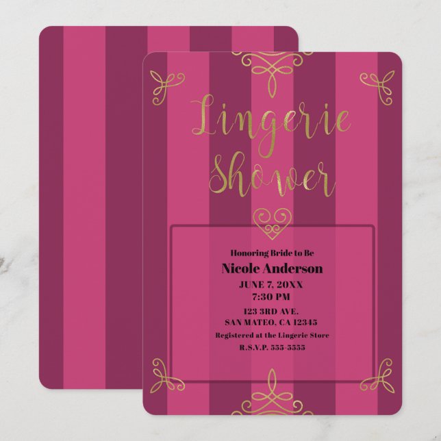 Invitation Douche de lingerie glamour moderne violette et or (Devant / Derrière)