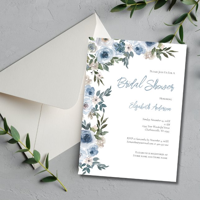 Invitation Douche de mariage à fleurs aquarelle bleu poussiér (Dusty Blue Floral Greenery Watercolor Elegant Bridal Shower invitation)
