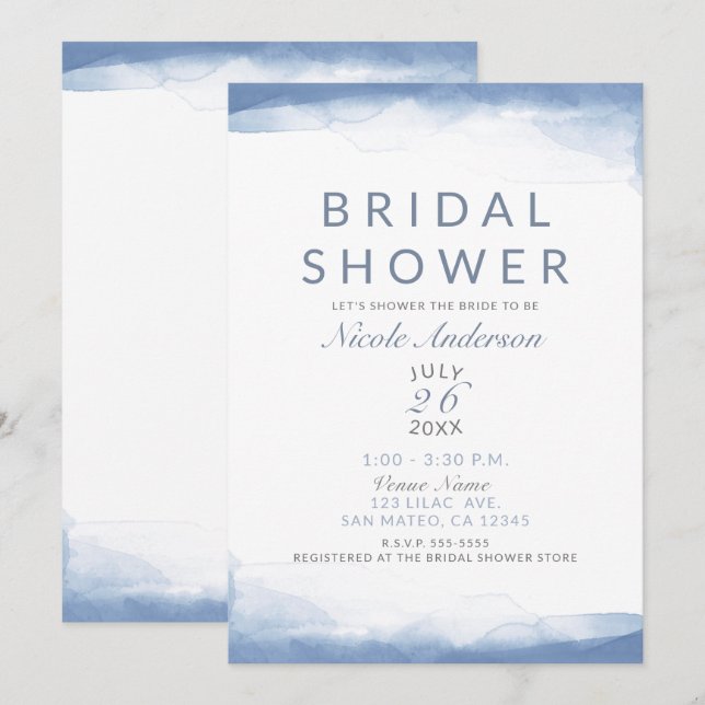 Invitation Douche de Mariage à l'Aquarelle Bleu Bleuet Poussi (Devant / Derrière)