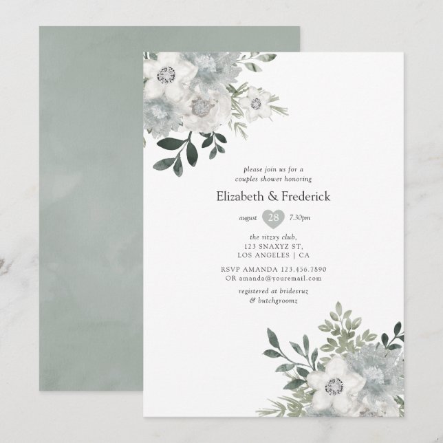 Invitation Douche de mariage aquarelle argent sage (Devant / Derrière)