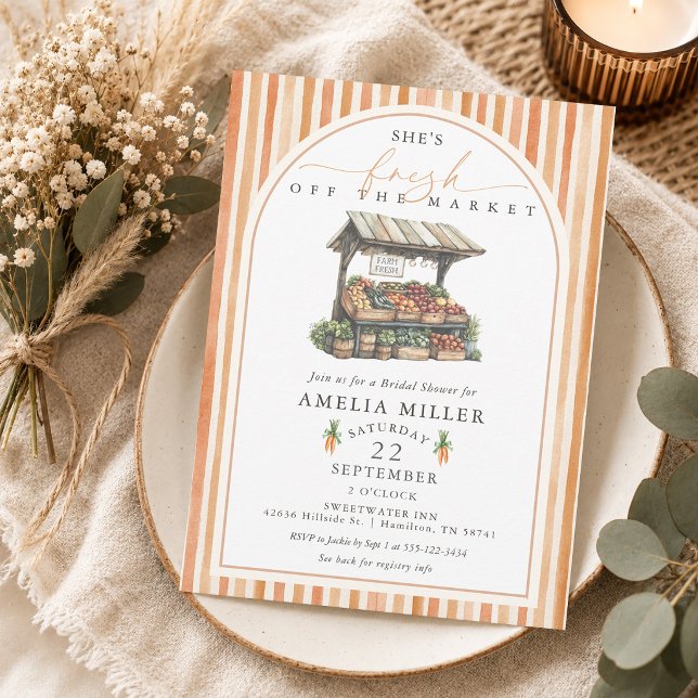 Invitation Douche de mariage aquarelle d'automne Frais du mar (Fall Watercolor Orange Striped Fresh Off The Market Bridal Shower Invitation)