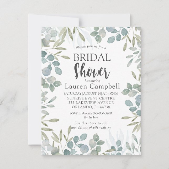 Invitation Douche de Mariage au feuillage de sauge vert aquar (Devant)