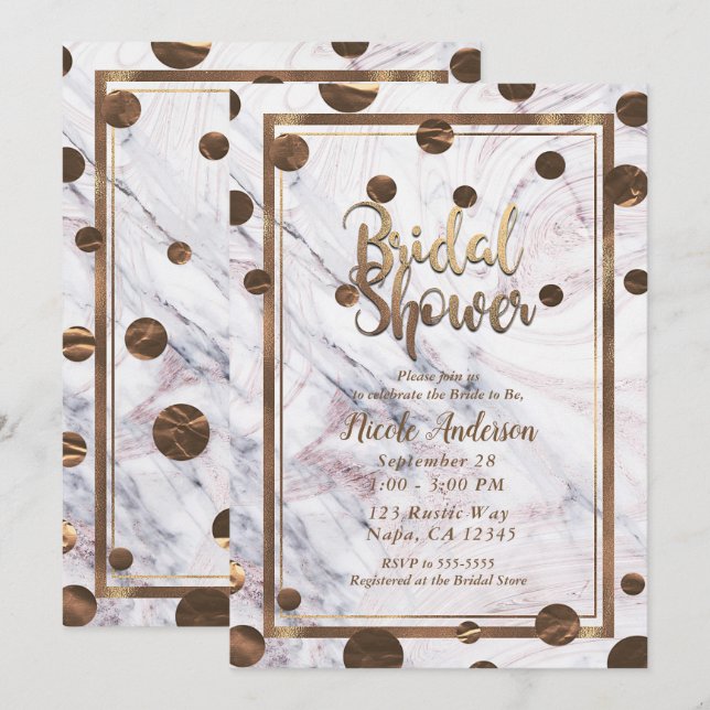 Invitation Douche de Mariage Bronze Cuivre Tourbillon Marbre  (Devant / Derrière)