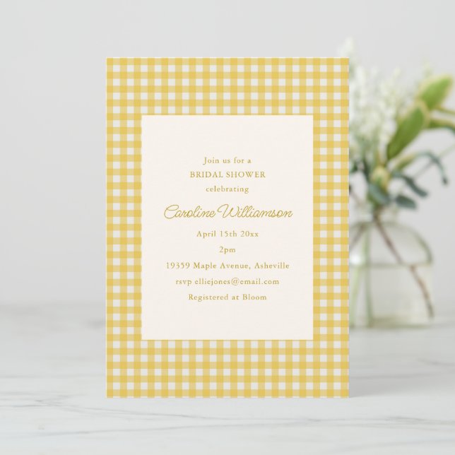 Invitation Douche de Mariage Classique Prépa en Gingham Jaune (Debout devant)