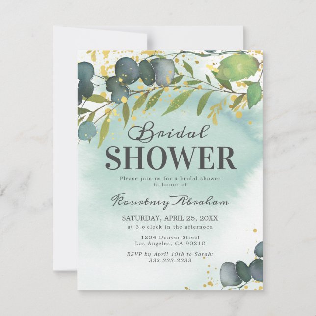 Invitation Douche de Mariage Dorée Eucalyptus Poussiéreuse (Devant)