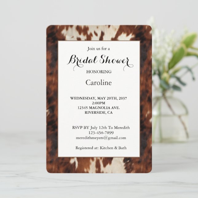 Invitation Douche de Mariage en Cuir de Vache Marron Crème Oc (Debout devant)