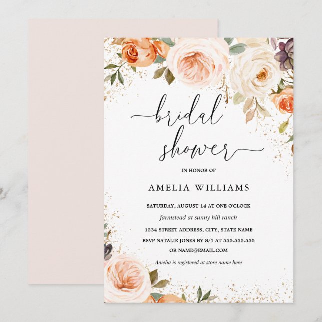 Invitation Douche de Mariage Fleur Aquarelle Automne (Devant / Derrière)