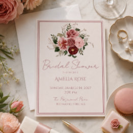 Invitation Douche de Mariage Fleurie Rose Poussiéreux Bourgog