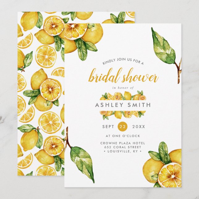 Invitation Douche de Mariage Moderne Citron Aquarelle (Devant / Derrière)