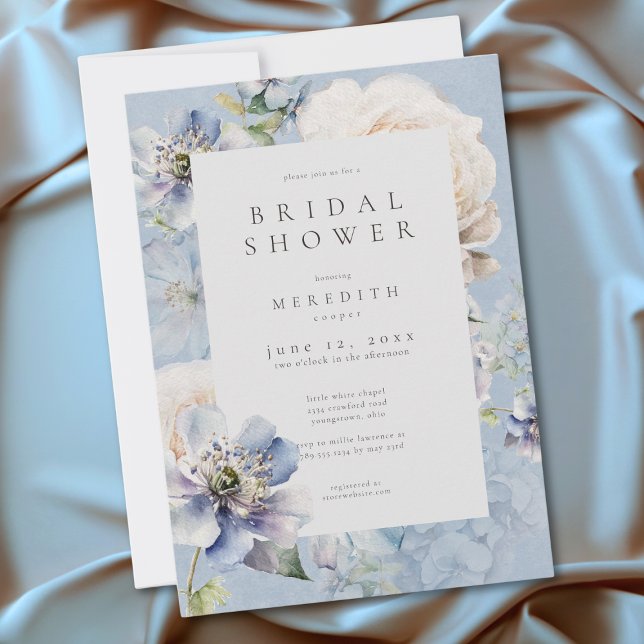 Invitation Douche de Mariage Romantique Poussiéreuse Bleu Bla (Romantic Dusty Blue White Floral Bridal Shower Invitation)