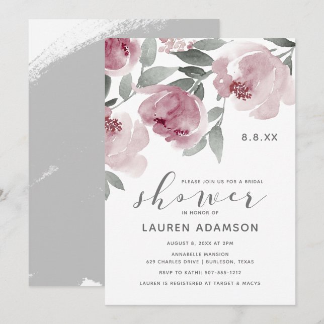 Invitation Douche de Mariage Rose Poussiéreuse Aquarelle Douc (Devant / Derrière)