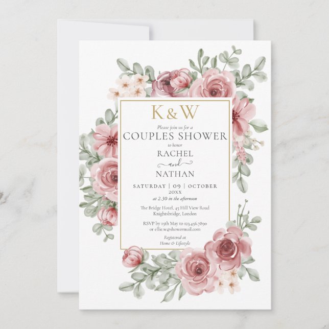 Invitation Douche de mariage Rose Poussiéreuse Florale Monogr (Devant)