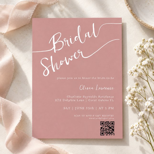 Invitation Douche de Mariage Rose Poussiéreuse QR Script (Dusty Rose Script QR Bridal Shower)