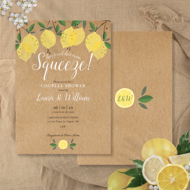 Invitation Douche de mariage rustique Kraft pour couples Main (Main Squeeze Lemons Rustic Kraft Couples Shower Invitation)