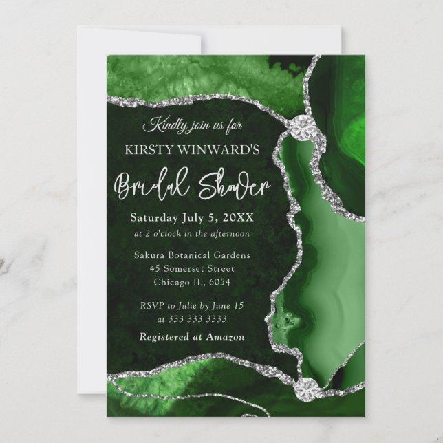 Invitation Douche de Mariage Vert et Argent Faux Paillettes A (Devant)