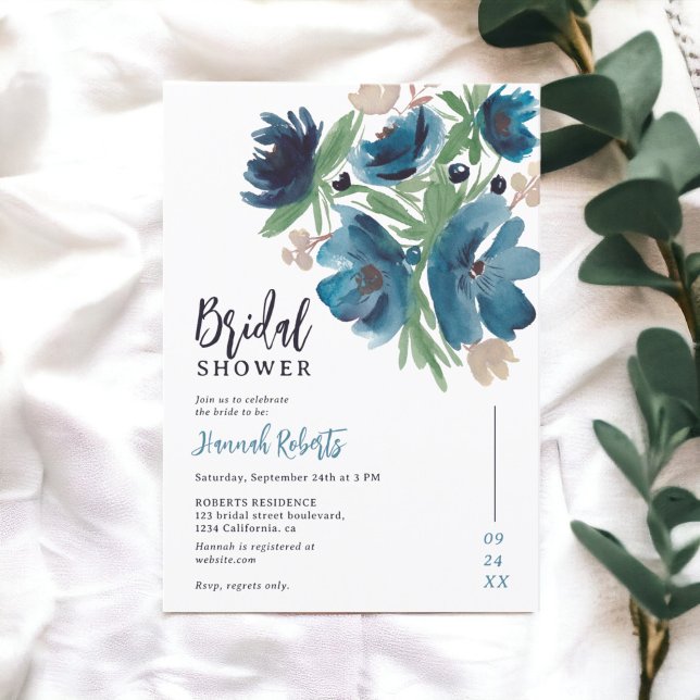 Invitation douche de mariée à aquarelle fleurie bleue (blue bohemian floral watercolor bridal shower invitation)