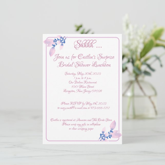Invitation Douche de Mariée, Aquarelle Contour Rose (Debout devant)