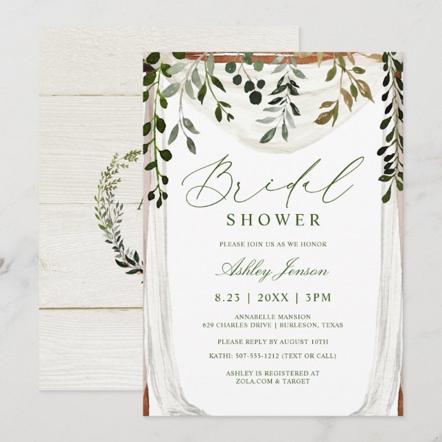 Invitation Douche de Mariée Aquarelle Vignes Canopée Treillag (Devant / Derrière)