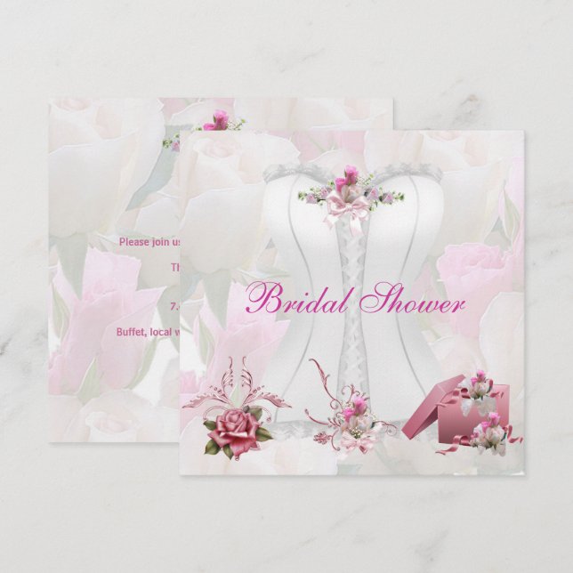 Invitation Douche de Mariée Blanc Corset Floral Rose (Devant / Derrière)