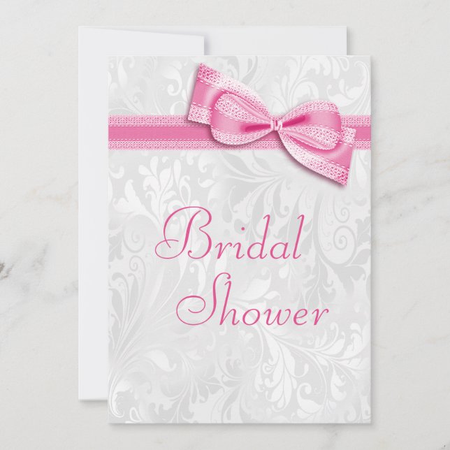 Invitation Douche de mariée blanc damassé et faux nœud rose (Devant)