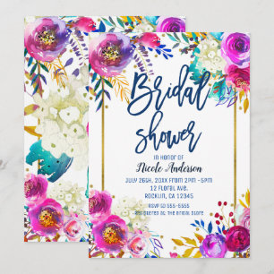 Invitation Douche de Mariée Bleu Script Gras Floral Aquarelle