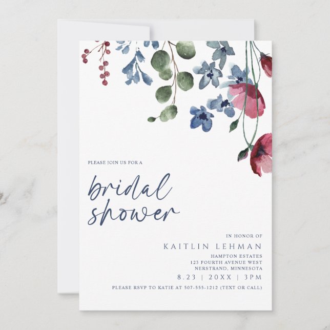 Invitation Douche de Mariée Bourdon & Fleur Sauvage Bleue (Devant)
