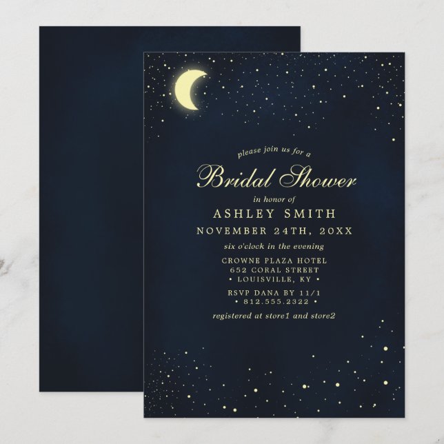 Invitation Douche de Mariée Céleste Lune Étoiles Bleu Minuit (Devant / Derrière)