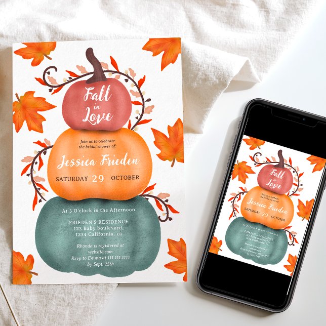 Invitation Douche de mariée citrouille bleu-orange (Cute fall orange blue pumpkins bridal shower invitation)