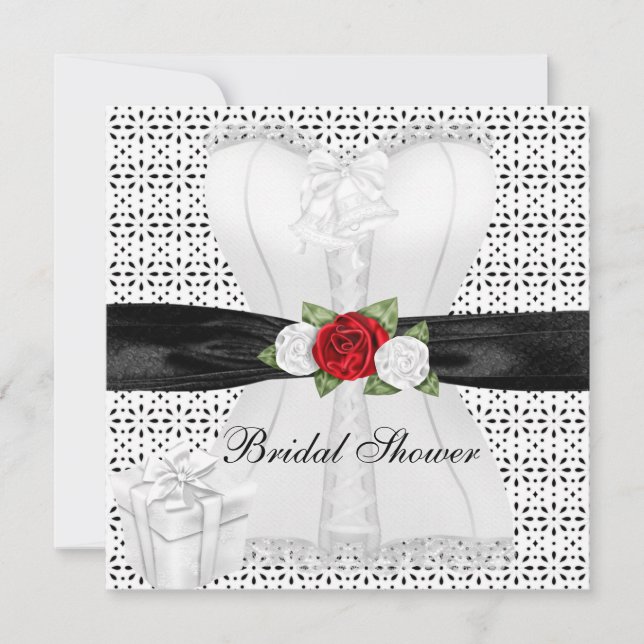 Invitation Douche de Mariée Corset Noir Blanc Fleurs Roses Ro (Devant)