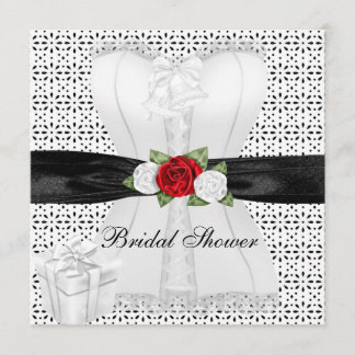 Invitation Douche de Mariée Corset Noir Blanc Fleurs Roses Ro