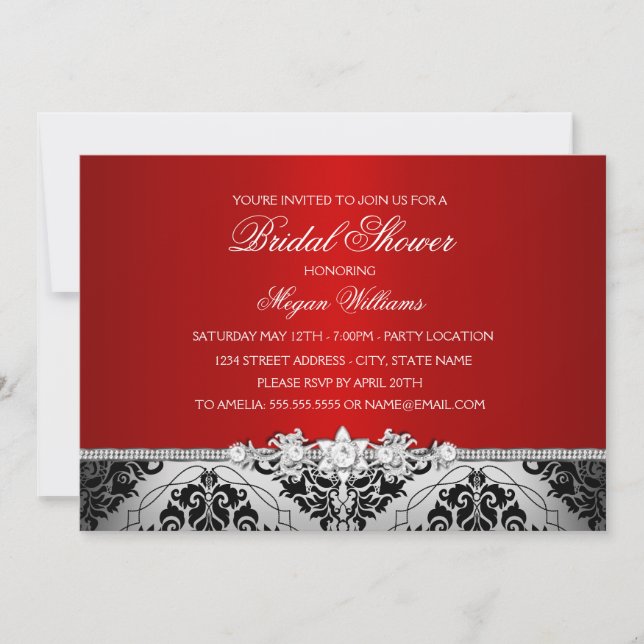 Invitation Douche de Mariée Élégante Rouge Argent Damassé & B (Devant)
