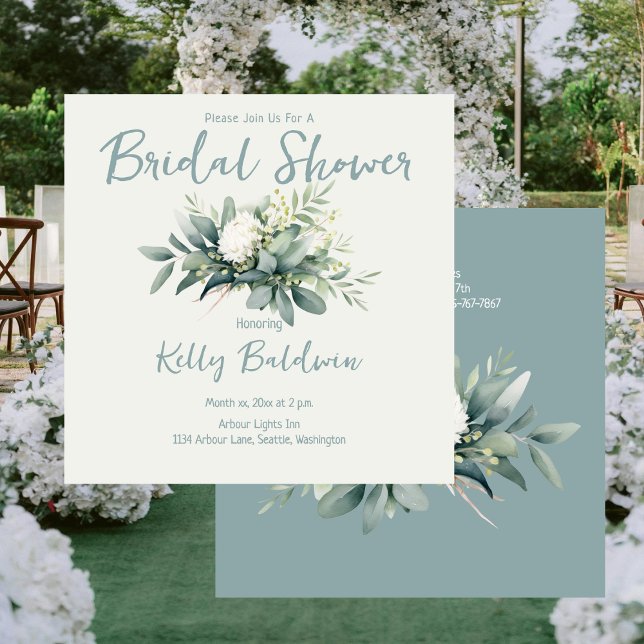 Invitation Douche de Mariée Été Sage et Fleurs Blanches (Bridal Shower Summer Sage and White Floral Invitation)