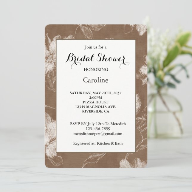 Invitation Douche de Mariée Fleurs Marron Crème Abstraites Ta (Debout devant)
