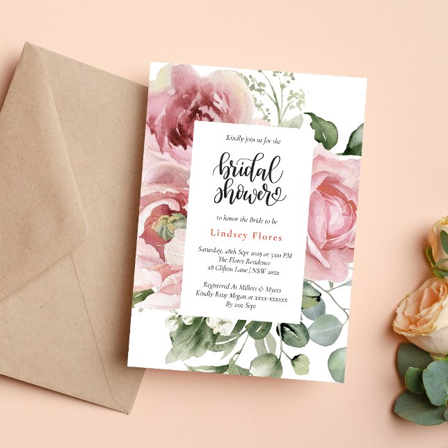 Invitation Douche de Mariée Floral Rose Aquarelle Moderne (Pink floral watercolor modern invitation creates a fresh, stylish bridal shower tone)