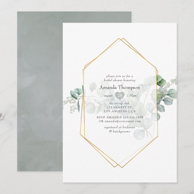 Invitation Douche de mariée géométrique à l'eucalyptus Silver (Devant / Derrière)
